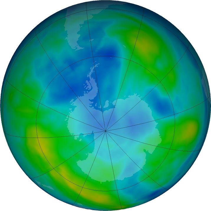 Antarctic ozone map for 07 May 2016